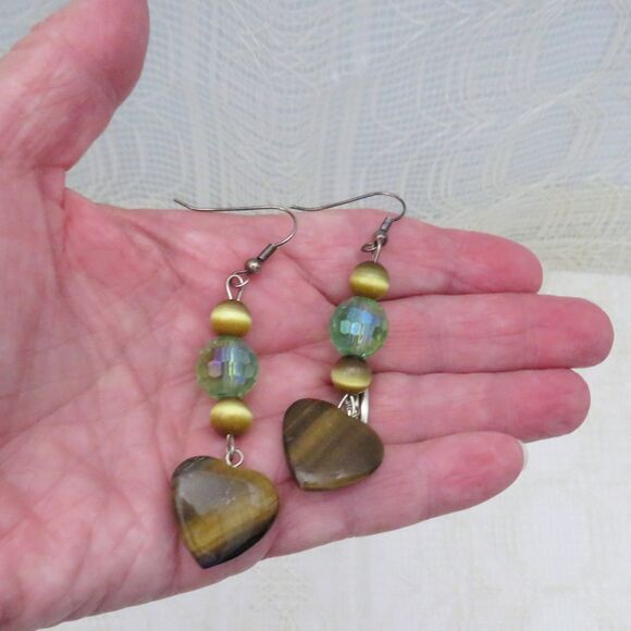 Tiger Eye Heart Dangle Earrings w/ Green Crystal Bead, Business and Boho Jewelry - Picture 7 of 7